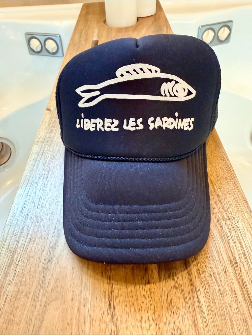 Clare V Liberez Les Sardines Black Trucker Hat NWT